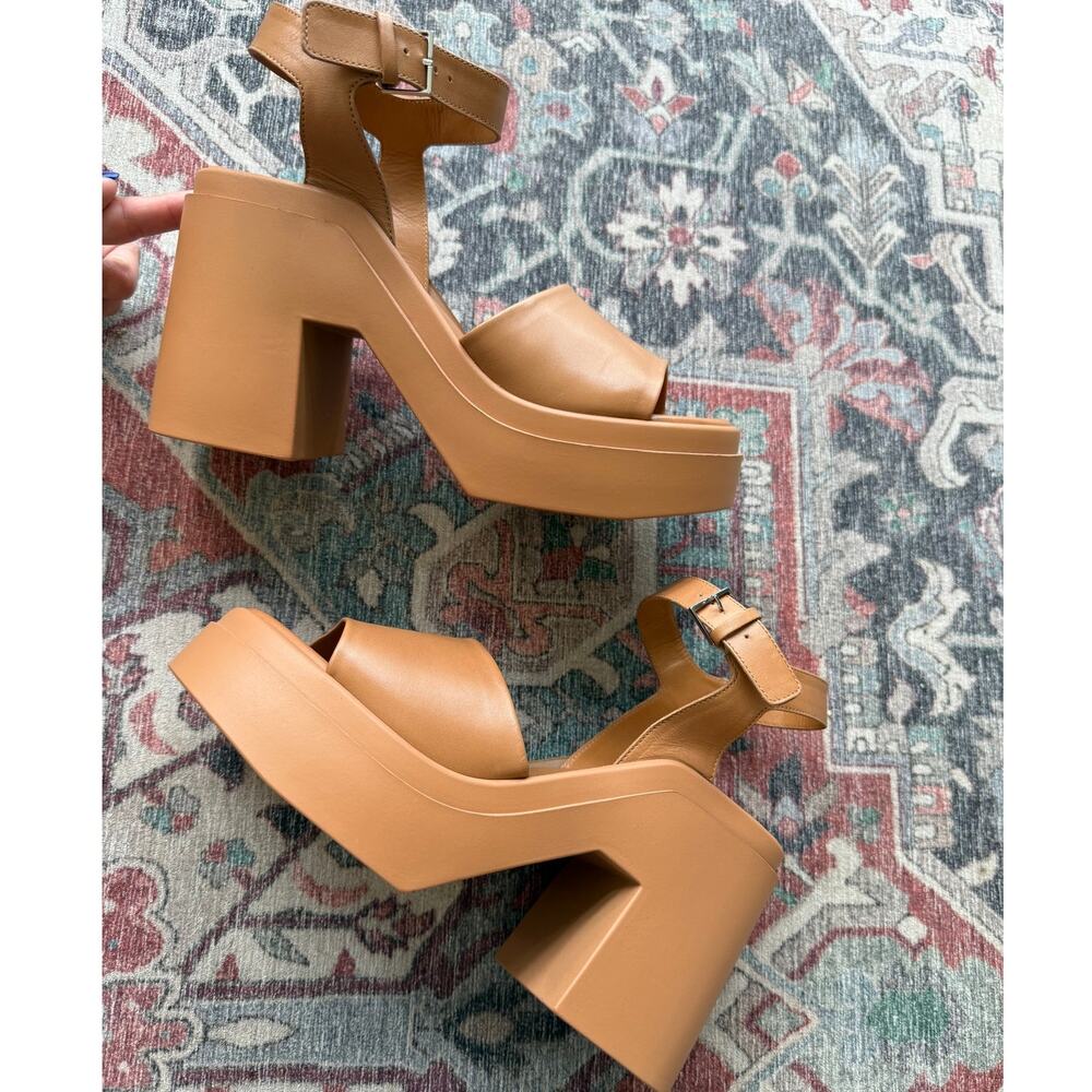 Clergerie Paris Platform Sandals Nelio Calfskin Ankle-Strap Tan Chunky Size 40.5